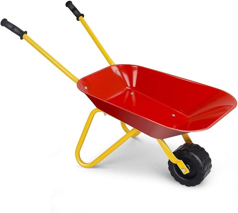 Costzon Carretilla para niños, Kart de juguetes de construcción de metal, barril de rueda para niños con mango antideslizante, ruedas portátiles, bandeja de acero Yard Rover, bolsa de suciedad/hojas/herramientas en el jardín para niños pequeños (rojo)