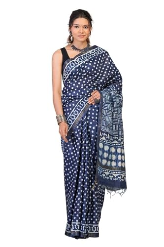 Anuttara Navy Blue Bhagalpuri Cotton Silk Gold Border Dabu Print Hand Block Ethnic Saree With Blouse_AAFS1407