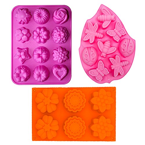 3PCS 3D Silicone Molds Cupcake Baking Mold DIY Cake Mold Soap molds Included 12-cavity Flowers Mold 6-cavity Flowers Silicone Muffin Mold and 8-cavity Insect Silicone Cake Mold