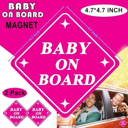 Image of 2 Pack Baby on Board Magnet for Car, Magnetic Safety Sign with Reflective, Strong Car Magnet Sticker, Waterproof Baby in Car Sign for Dad Mom, Easy to Attach and Remove 4.7 Inch(Pink- 2 Pack)