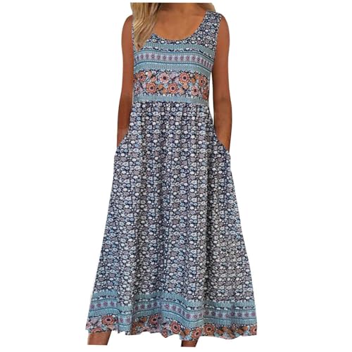 Women’s Summer Casual Dresses Sale Clearance Basic Dresses Ladies Fashion Sexy Sleeveless Pockets Round Neck Floral Print Dress Loose Beach Holiday Vacation Bohemian Midi Sundress Beachdress Dress