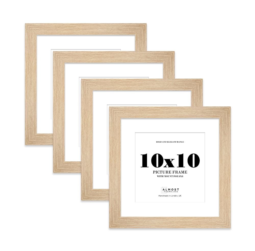 10x10" Oak Square Frame With Mount for 8x8" Pictures 28mm Edge Frame Display with Wall Hooks and Kickstand, 4 Pack