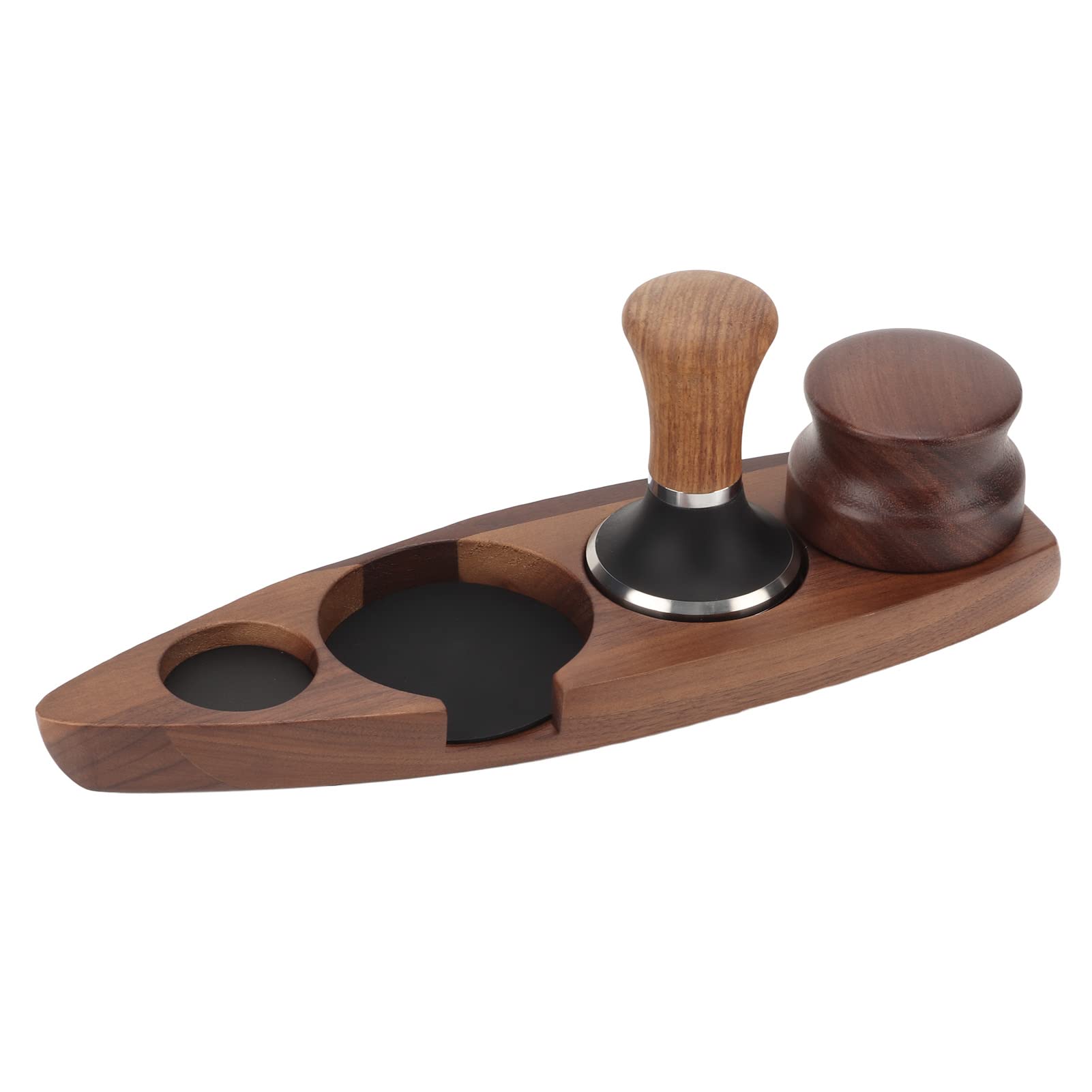 3-teiliger Kaffee-Manipulationshalter, Walnussholz-Gummi-Edelstahl-Bootsförmiger Verteilerständer, Premium-Kaffeezubehör mit Tamper und Verteiler für Barista, Kaffeebar, Küche (Für 51/53-mm-Basis,