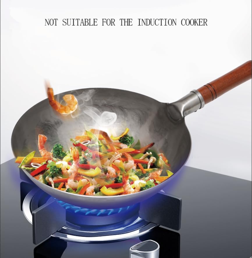 Miniatura 7 de KUNNV Woks de hierro martillado a mano con fondo redondo para estufas de gas (14 pulgadas)