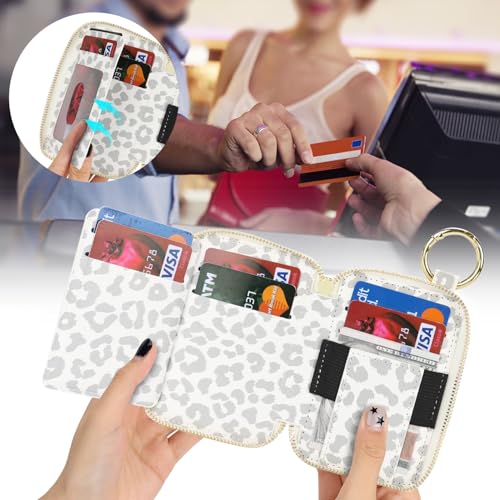 Image of Compatible with MagSafe Wallet,Magnetic Phone Wallet Card Holder for iPhone 17 /16 Pro Max /15 plus /14 Pro /13 /12 Series,PU Leather Zipper Pocket Adjustable Stand with Grip-White Leopard