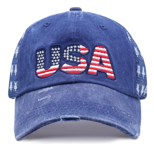 Image of USA American Flag Hat for Men Women Patriotic Fourth of July Baseball Cap Adjustable Navy Blue