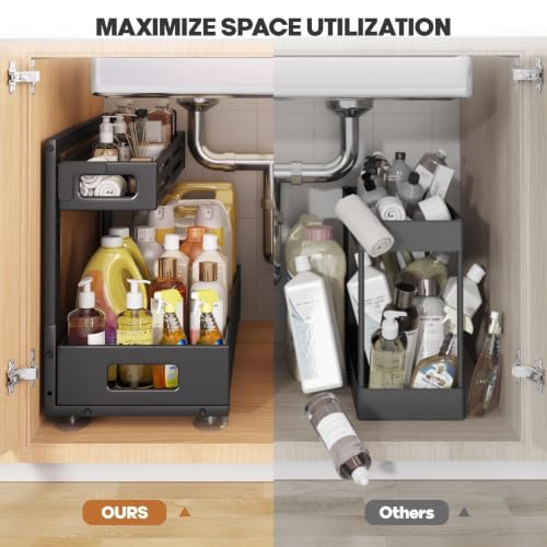 Image of 2 Pack 21IN-Depth Under Sink Organizer,Pull Out Cabinet Organizer With Smooth Cylindrical Rail,Metal Slide Out Drawer for Kitchen Bathroom Laundry,8-Level Tool Free Height Adjustable-Black