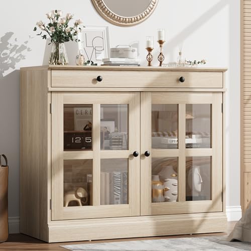 GarveeHome 35.4" Sideboard Buffet Cabinets with Glass Door, Buffet Cabinet with Storage, Oak Sideboard Cabinet with Drawer, Modern Buffets & Sideboards for Dining Room, Kitchen