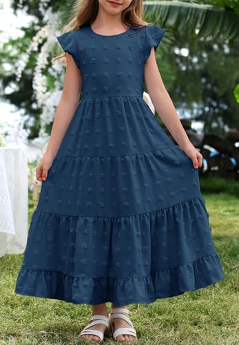 HOSIKA Girls Maxi Dress Ruffle Sleeve Swiss Dot A Line Tiered Flowy Casual Party Dresses with Pockets for 6-12 Y4