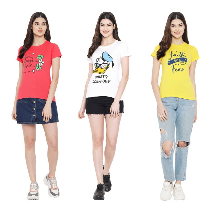 Image of Preneum Women's Cotton Regular Fit Graphic Stylish Printed Short Sleeves Casual T-Shirt || Trend & Style (Pack 3)