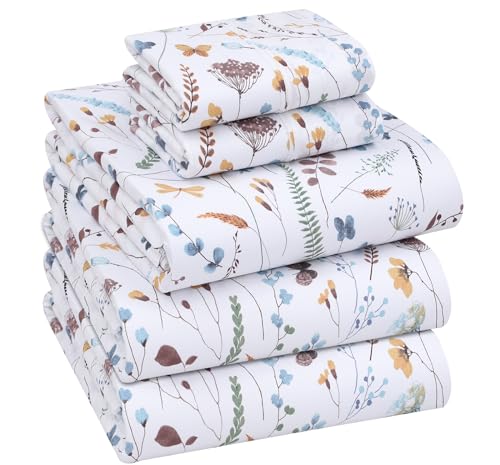 RUVANTI 100% Cotton Split King Sheets Sets for Adjustable Bed, 5 PCs, Soft & Breathable Percale Weave Bedding, Deep Pocket 16", Hotel Standard, Crisp Cool Feel & Durable, Floral Sheet, Fern Class