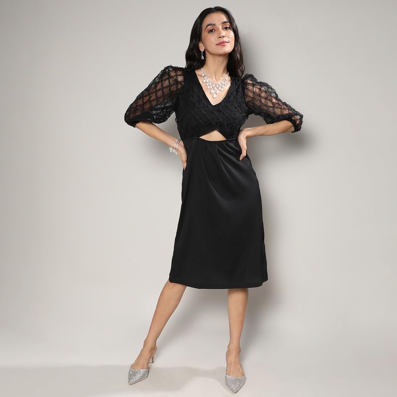 Image of PINACOLADA Women's Cut-Out Dress with Sheer Detail for Casual Wear | V Neck | Long Sleeve | Zipper Closure | Co-Ord Set Crafted with Comfort Fit for Everyday Wear