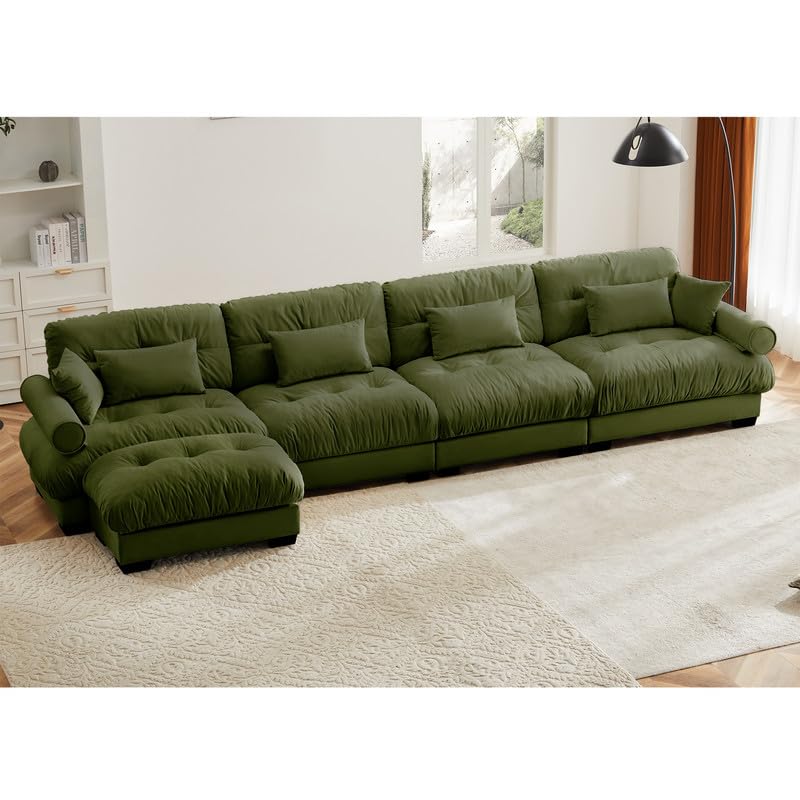 Ball &amp; Cast L Shaped Sectional Cloud Sofa,166" Modular Velvet Sectional Couch with Movable Ottoman,4 Seater Couches w/Waist Pillow,Throw Pillows and Blostered Armrest,for Living Room,Olive Green