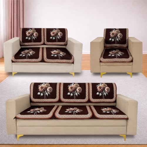 Image of Homerz 'Brooklyn Series' Premium Sofa Cover | Quilted Floral Design | Non-Slip Washable Sofa Protector | Soft Anti Slip Fabric (Brown, 6 (3+2+1) Seater, Seat Cover with Backrest)