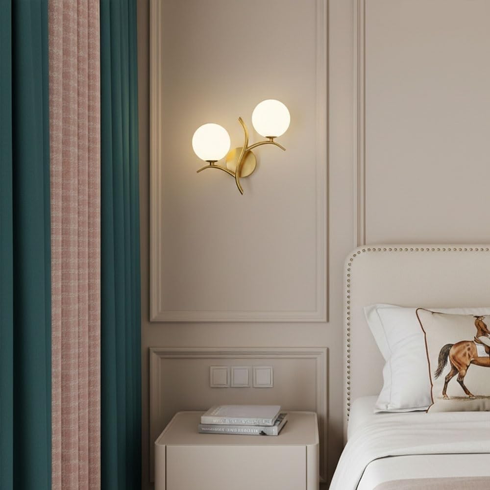 Modern Gold Wall Sconce, 2-Light Branch Vanity Lamp with Frosted Glass Globes, Mid Century Tree Twig Wall Light for Bedroom, Living Room, Hallway, Bathroom Mirror, Entryway Parlor