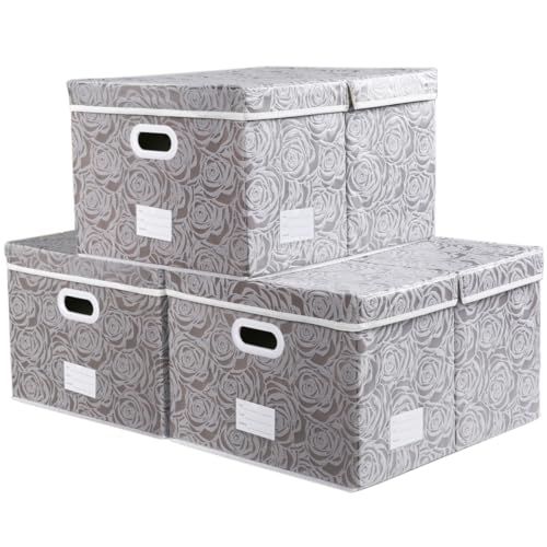 Prandom Cajas almacenaje con tapa grandes,Cubos de almacenamiento decorativas,plegables,cestas organizadoras con asas para,gris,58x40x30cm,paquete de 3