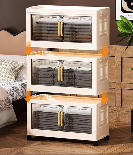 Image of House of Quirk Plastic 4 Layer Foldable Storage Box with Lid & 2 Clear Window Stackable, Collapsible, Large Capacity Organizer for Clothes, Toys, Books, Bedroom, Closet & Office Durable & Space-Saving
