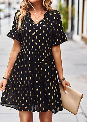 Dirass Babydoll Dress Womens Summer Beach Casual Gold Polka Dot A-Line Swing Ruffle Black Mini Dress #TOP4
