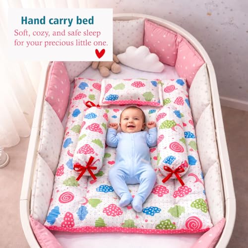 Image of Infantbond Baby Mattress with net | Baby Carry Bag | 4 Pcs Bedding Set | Peach Sprial (0-6 Months)(Full Set)