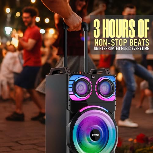 Image of Intex Thriller 1300 Bluetooth Trolley Speaker 130W with Dual Wireless Mic, RGB Lights, USB /SD /AUX /FM, Remote Control, Rechargeable Battery, Portable Party Speaker with Handle & Wheels for Outdoor Use