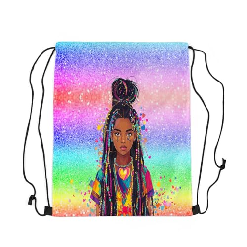 Image of jejeloiu Cute Black Drawstring Backpack 13x15.7inch African American Waterproof Gym Drawstring Bags Colorful Sports String Backpack Beach Swim Travel Bag Sackpack(No Glit