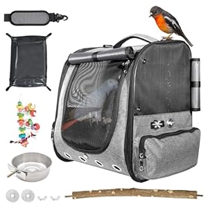 Bird Cage Backpack with Sunshade for Parakeets Cockatiels, Bird Travel Bag with Stand for Easy Cleaning, Transparent Breathable Travel Cage for Pets (Grey)