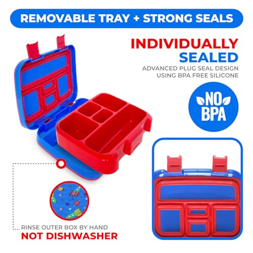 Image of Kinsho Bento Lunch Box for Kids Toddlers, 5 Portion Control Sections, BPA Free Removable Plastic Tray, Pre-School Kid Toddler Daycare Lunches, Snack Container Ages 3 to 7 (Blue Space Rockets)