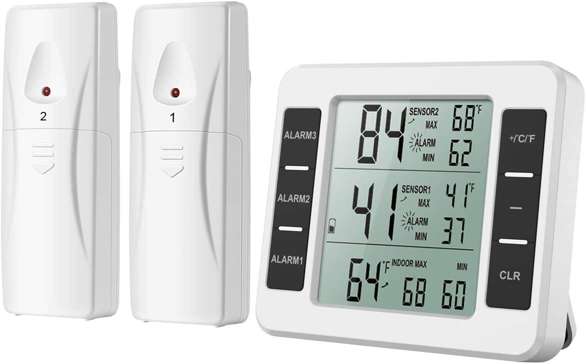(New Version) Refrigerator Thermometer, Wireless Indoor Outdoor Thermometer, Sensor Temperature Monitor with Audible Alarm Temperature Gauge for Freezer Kitchen Home (Battery not Included)