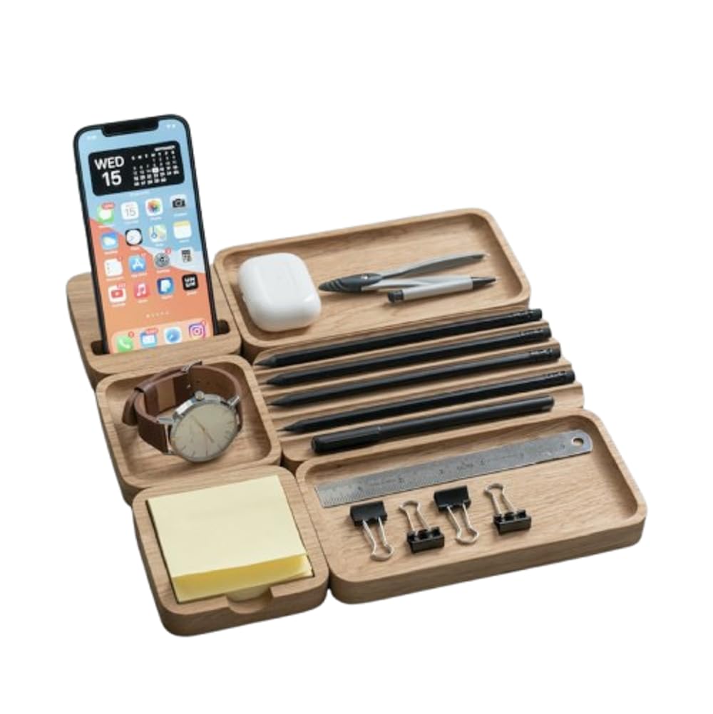 XSOURCE Vassoio organizer da scrivania in legno con scomparti, organizer per casa, ufficio, progettato per cancelleria e telefoni cellulari (STILE-4)