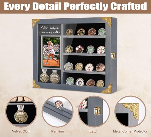 Image of Challenge Coin Display Case, Lighted Modern Coin Holder with Photo Frame, Wall Mount Shadow Box with Removable Shelves, Minimalist Home Office Decor, Memorial Gift for Men, Collectors, Gray