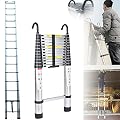 Aluminum Telescoping Ladder with Hooks, 14.4FT Telescopic Ladder One Button Retraction Portable Extension Extendable Ladder Folding Loft Roof Attic RV Ladder for Home and Outdoor Work, 330lbs Capacity