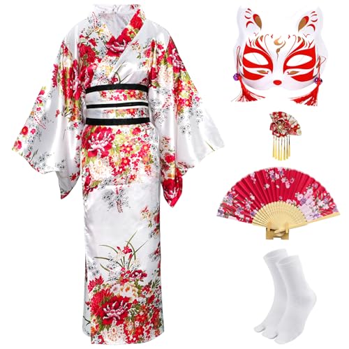 CRFASIBE 5PCS Kimono Japones para Mujer, Batines Japonés con Estampado Floral, Traje de Geisha Yukata, Cosplay Anime Disfraz con Accesorios para Carnaval Navidad Halloween（Blanco）