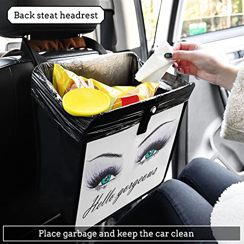 Image of Women Eyes Hello Gorgeous Eyelash Purple Makeup Car Trash Can, Foldable Hanging Car Trash Bag, Small Waterproof Car Accessories Garbage Bin