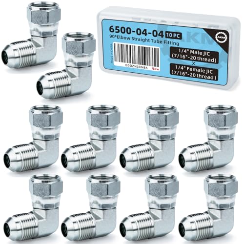 Image of 90 Elbow Straight Hydraulic Hose Adapter Fittings, 6500-04-04 1 /4 inch Male JIC (7 /16 inch-20 thread) x 1 /4 inch Female JIC (7 /16 inch-20 thread) Swivel Connectors x 10 pack