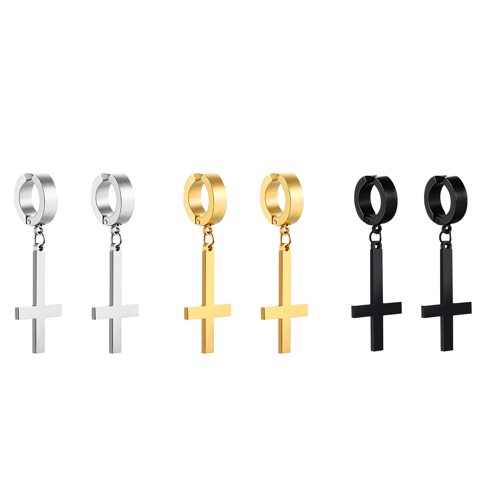 JewelryWe Kolczyki w kształcie krzyża odwróconego, kreolki: 3 pary kolczyków ze stali nierdzewnej, odwrócony, krzyż piotra, bez przekłuwania uszu, fałszywe kolczyki sztyfty, huggie hoop dla mężczyzn i