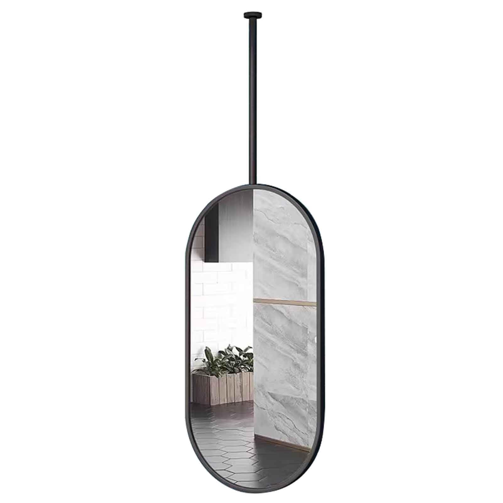 FGXHHS Oval Modern Hanging Rod Mirror, Home Hotel Floating Bathroom Vanity Makeup Mirrors, Black Metal Framed Decor Ceiling Mirrors(50cmx100cm)