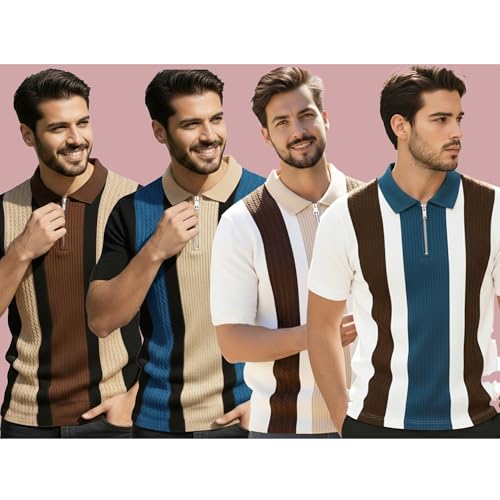 Image of AUSK Men's Textured Vertical Striped Knit Polo T-Shirt | Half Sleeve Zipper Neck Self-Design Casual Tee | Mens Tshirts
