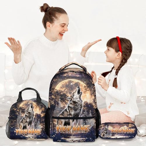 Personalized School Backpack Sets for Kids - Set of 3 Elementary Wolf Schoolbag Matching Combo - Boys Bookbag and Pencil Case Bundle2