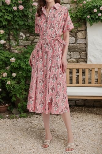 Womens Summer Floral Maxi Dress Short Sleeve V Neck Button Belt Casual Long Flowy Shirt Dress3