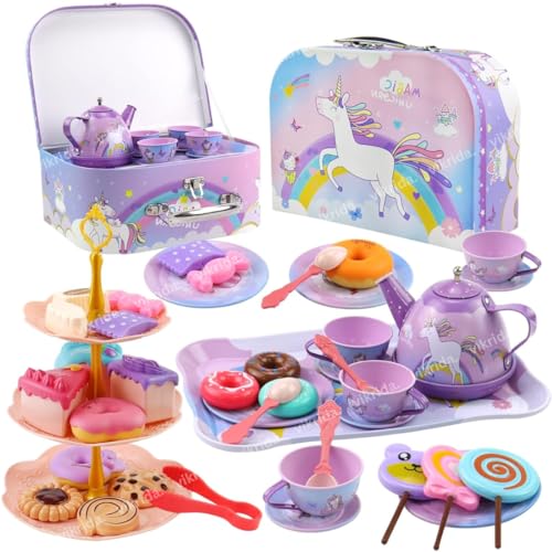 Image of VikriDA 48Pcs Tea Set, Kids Pretend Toy Tin Tea Set and Carrying Case,Rainbow Magic Unicorn Design for Girls Princess Boys 3-6