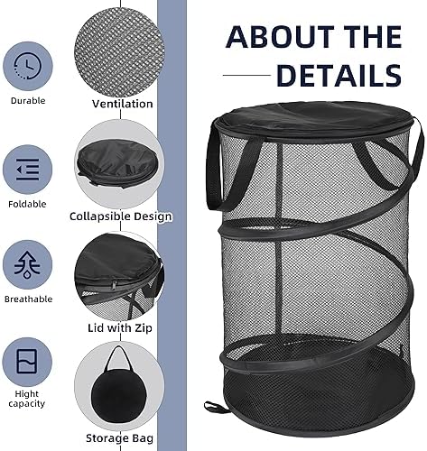 Pop Up Laundry Baskets Foldable, Mesh Washing Baskets for Laundry,Collapsible Laundry Baskets with Zippable Lid,Small Laundry Hamper for Clothes,Toy,Camping,Travel,Dorm(2 Pack,Black)