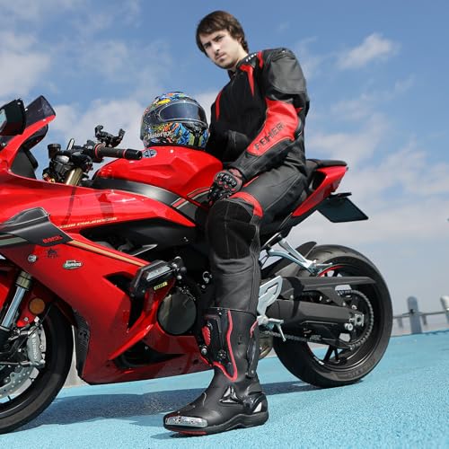 Zeozoom Motorcycle Riding Boots Motorcycle Leather Boots for Women and Men Protection Anti Slip Racing Sports (Black, Adult, Men, 8, Numeric, US Footwear Size System, Medium)