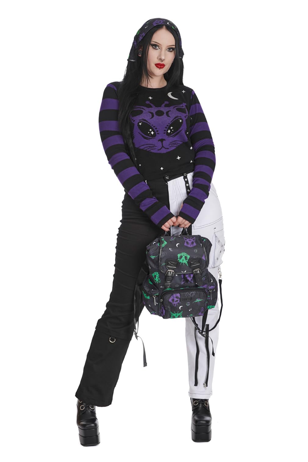 Banned Alternative Pullover Alien Space Cat Katze Astronaut Kitty Schwarz Lila