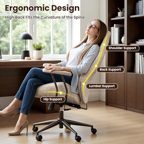 Image of ovios Ergonomic Office Chair, High Back Faux Leather Executive Chairs with Armrests, Comfy Mid-Century Modern Swivel Rolling Computer Armchair (Beige, Suede Leather)