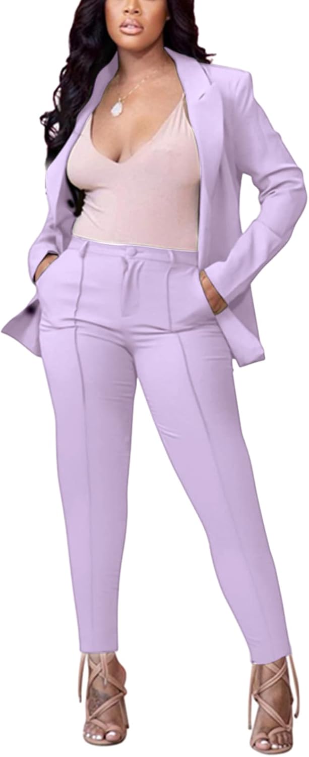 Women's 2 Piece Outfit Deep V Long Sleeve Solid Color Blazer with Pants Elegant Business Suit Sets Large Light Purple Size L