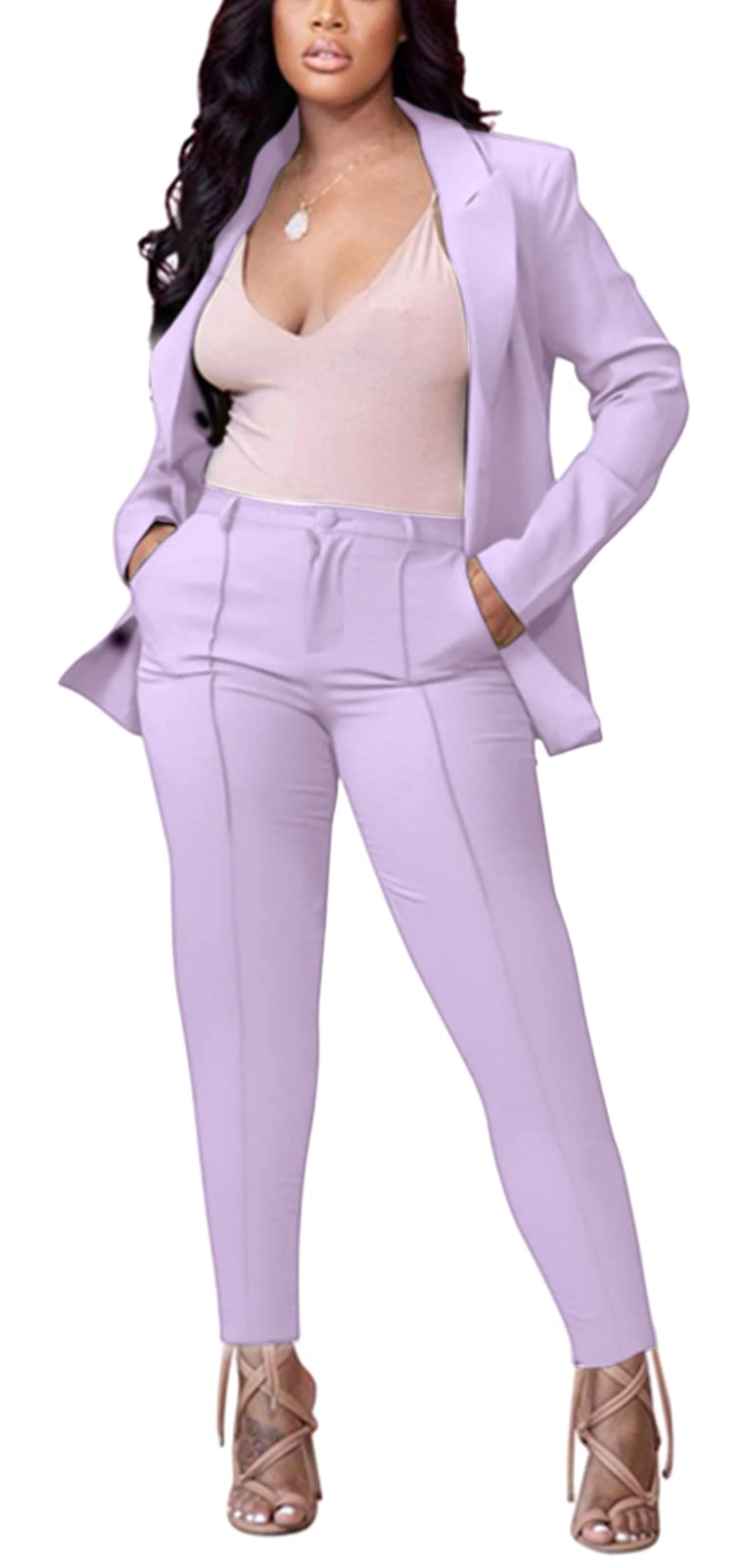 Womens 2 Piece Outfit Deep V Long Sleeve Solid Color Blazer with Pants Elegant Business Suit Sets
