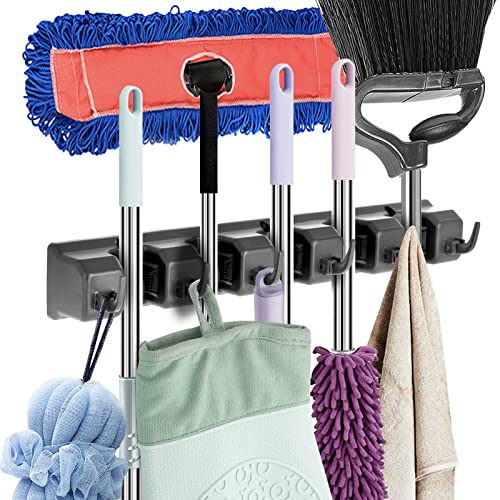 Alpine Mop And Broom Holder Wall Mount – Durable Holders For Garden Tools Broom Rake Gripper With 5 Slots & 6 Hooks - A Home Organization Must Haves #TOP3