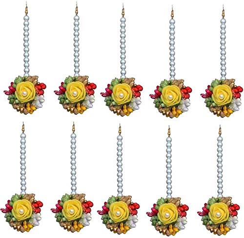 Laxmi Ethnics Beautiful Flower Fabric Along with Pearls Brass Maang Tikka for Women's Pack of 10-image-40