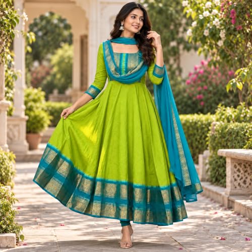 Image of Elegant Zari Jacquard Weaving Gown with Lace Border Dupatta - Traditional Indian Ethnic Wear for Weddings, Festivals, and Special Occasions