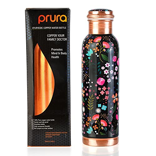 PRURA Prura Pure Printed Copper Water Bottle-Leak Proof Ayurvedic Drinkware Copper Vessel for Sports,Gym,Outdoors,Yoga,Health Benefits (30 oz)